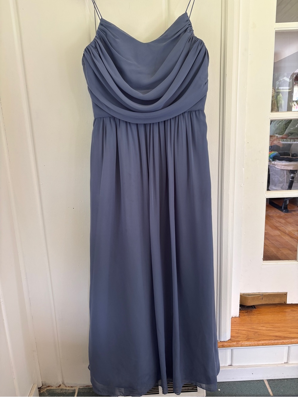 Draped Cowl Neck Slate Blue Women’s Maxi Bridesmaid Dress